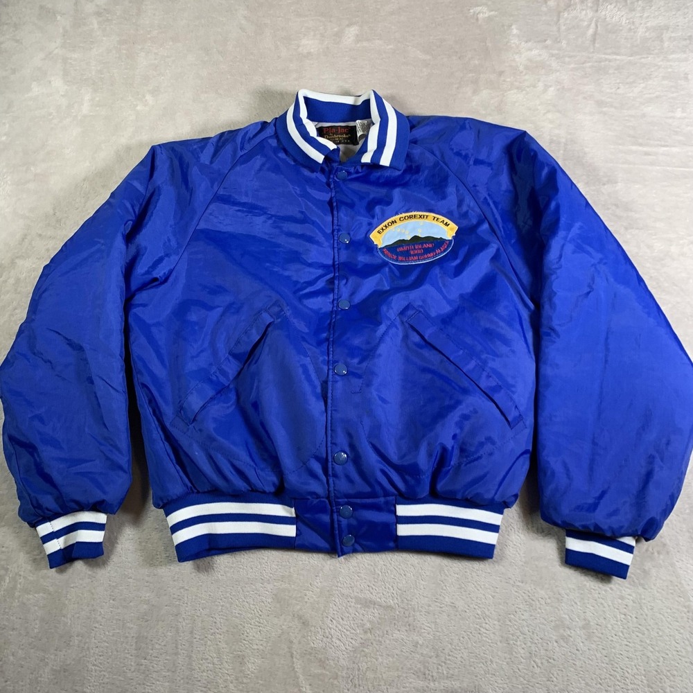 VTG Dunbrooke Pla-Jac Jacket Mens Medium Blue Satin Exxon Corexit USA 80s Alaska